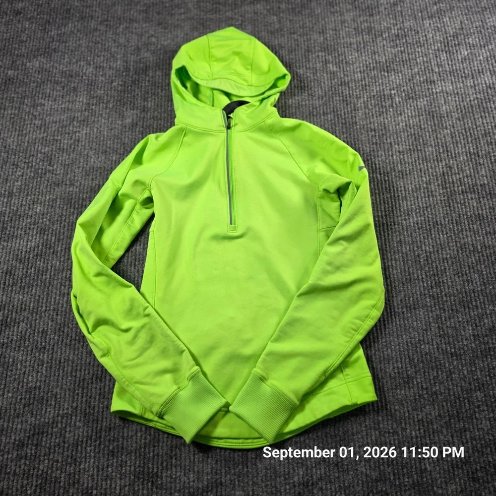 Nike Dri-FIT Womens XS Neon Lime Green Quarter Zip Hooded Running Top Pullover